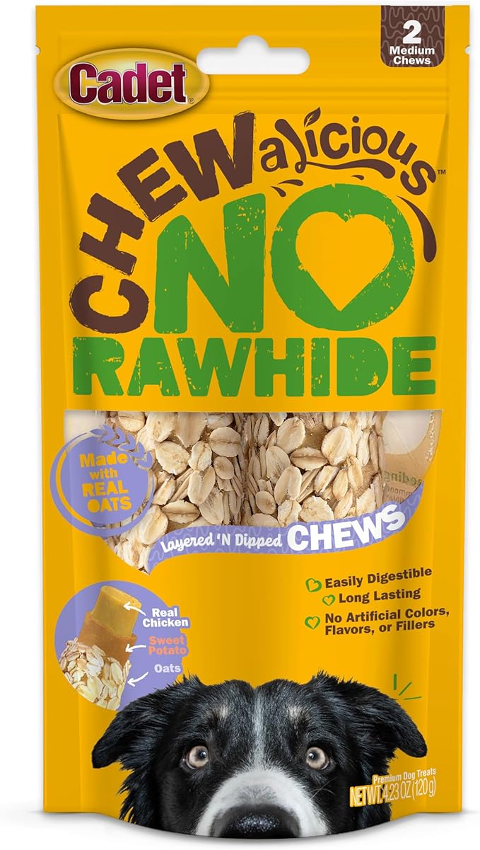 Cadet Chewalicious Layered 'N Dipped with Oats, Rawhide-Free Dog Chews, Limited-Ingredient & Long-Lasting Chew Treats for Dogs, Made with Real Chicken, Oat Flavor, 2 Pack