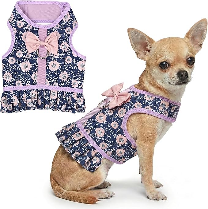 Parisian Pet Floral Dog Harness Dress - Breathable No Pull Puppy Dress with Leash Ring - 100% Mesh Fabric Harnesses for Dogs - Soft Padded Step in Pet Vest - All Weather Dog Harness Small Sized Dogs