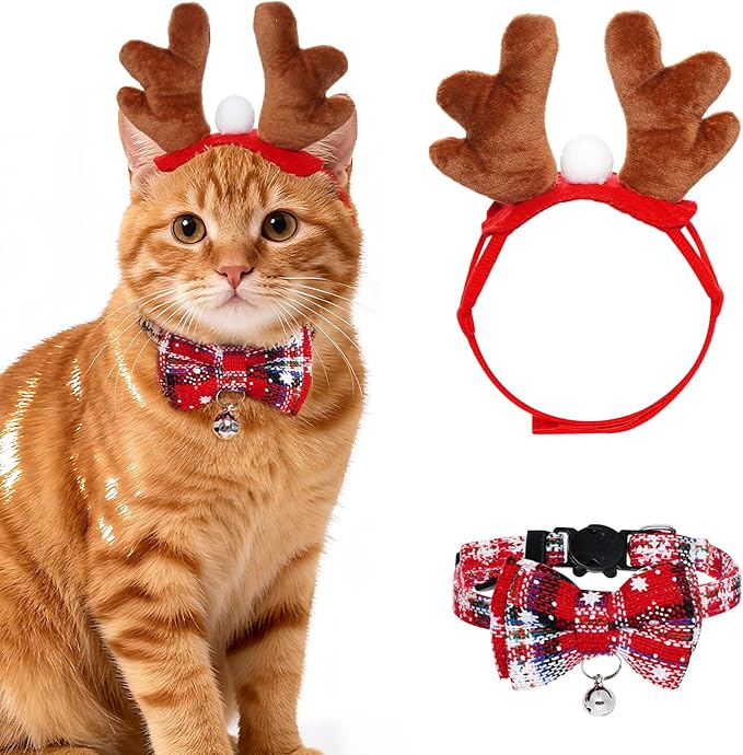 Cat Christmas Costume Reindeer Headband and Collar for Small Cat Dog Christmas Halloween Party Cosplay Supplies (White Christmas)