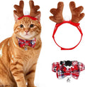 Cat Christmas Costume Reindeer Headband and Collar for Small Cat Dog Christmas Halloween Party Cosplay Supplies (White Christmas)