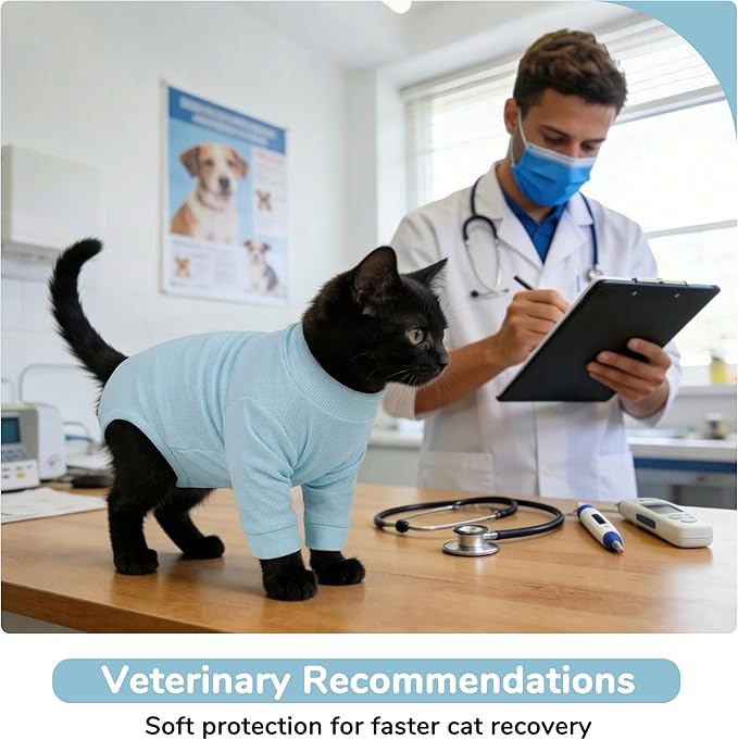 PUMYPOREITY Adjustable Cat Recovery Shirt, Front Leg Injury Suit, Stretchable & Comfortable, Anti-Licking Long Sleeve Wound Cover, Prevents Scratching & Biting, Machine Washable, Blue, M