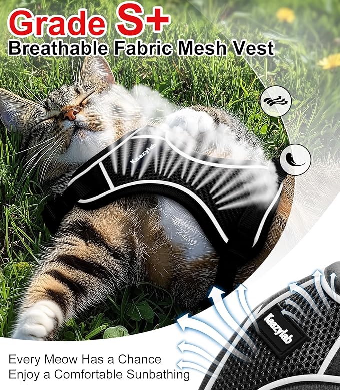 Cat Harness and Leash for Walking Escape Proof Soft Adjustable Cat Leash Breathable Comfortable Vest Easy to Wear Kitten Harness for Outdoor Travel (Black, M (13-18lb))