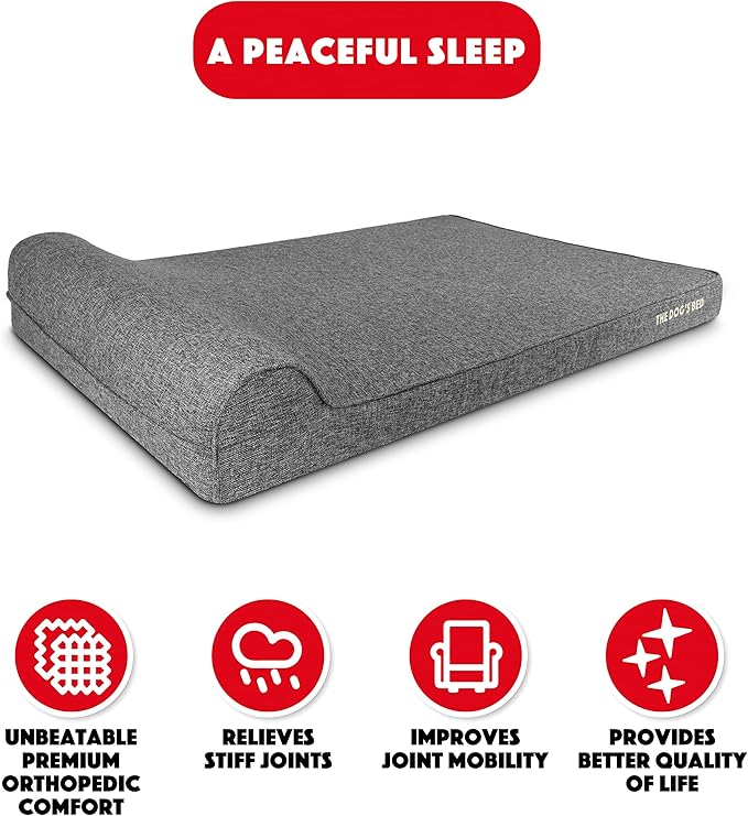 The Dog’s Bed Orthopedic Memory Foam Dog Bed with Headrest, Calming Surface – CertiPUR-Certified Foam, Linen Fabric, Grey Linen, XXL, 4-Inch