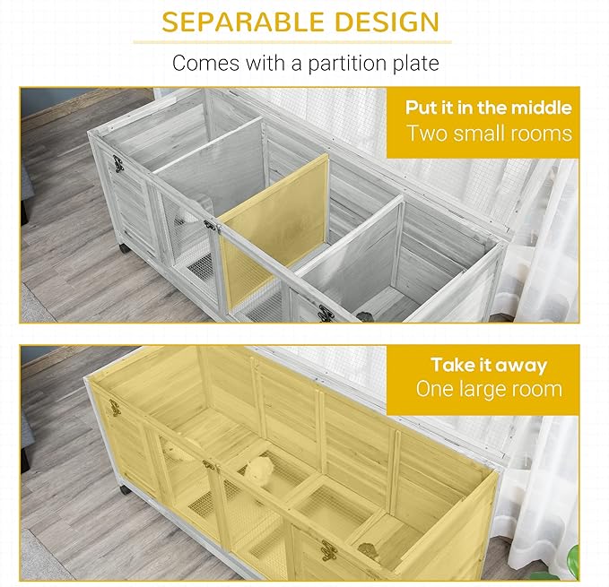 PawHut Wooden Rabbit Hutch, Bunny Cage with Wheels, Dividers, Openable Roof, Removable Trays, Small Animal Cages for 1-2 Rabbits, Indoor Outdoor Use, Light Gray