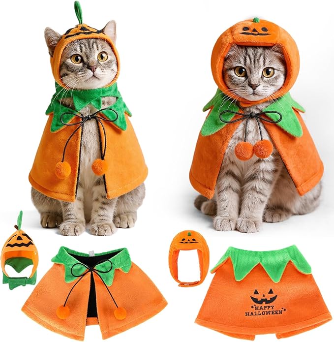 Huhumy 2 Sets Pet Pumpkin Costume Cat Halloween Cloak Hat Set for Dog Cat Halloween Costumes Pumpkin Hat for Dogs Puppy Poncho Small Medium Pets Cosplay (Cute)