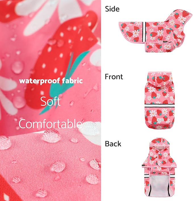Fitwarm Strawberry Daisy Dog Raincoat with Hood, Waterproof Rain Jacket for Small Dogs Girl, Reflective Pet Poncho with Harness Opening, Packable, Adjustable, Pink, Large