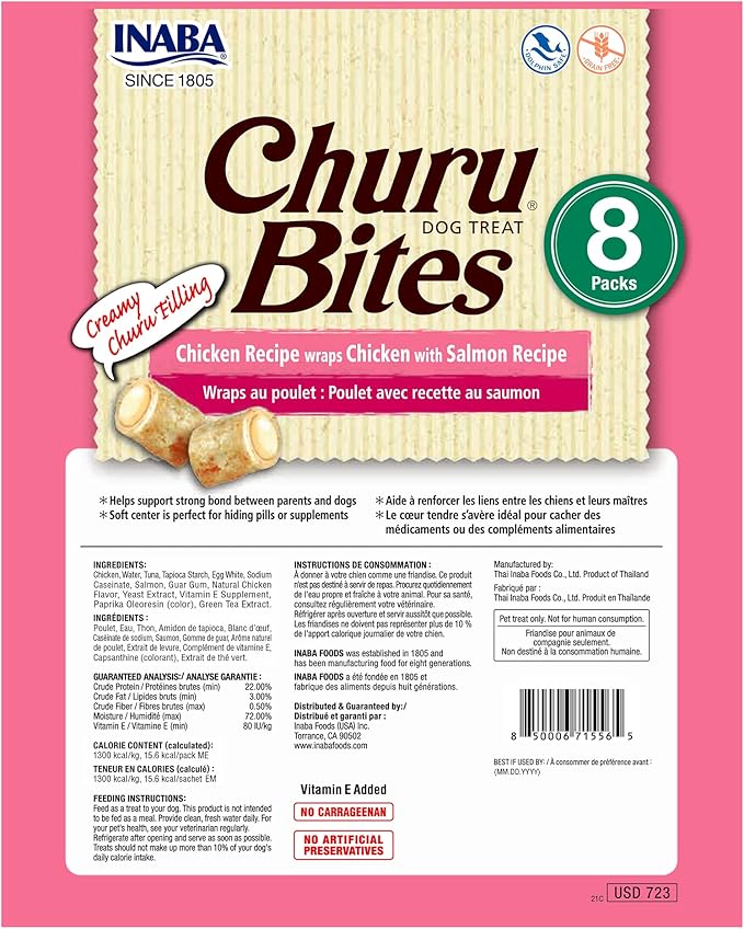 INABA Churu Bites for Dogs, Grain-Free, Soft/Chewy Baked Chicken Wrapped Churu Filled Dog Treats, 0.42 Ounces Each Tube | 8 Tubes Total