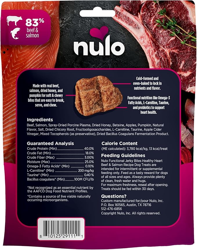 Nulo Functional Jerky Healthy Heart Beef & Salmon Dog Treats 5 OZ Bag