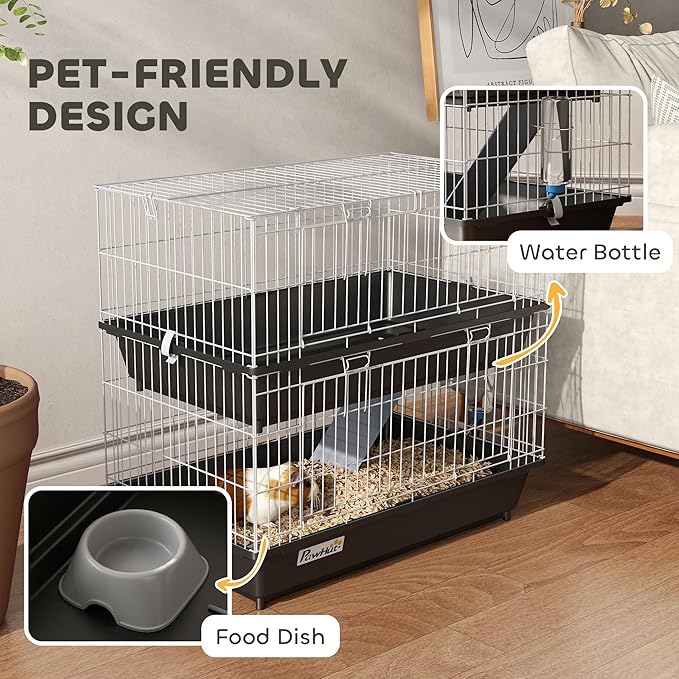 PawHut 2-Tier Small Animal Cage, Chinchilla Ferret Cage Indoor with Dish and Bottle, 2 Doors, Deep Bottoms, Ramp, 28", Black