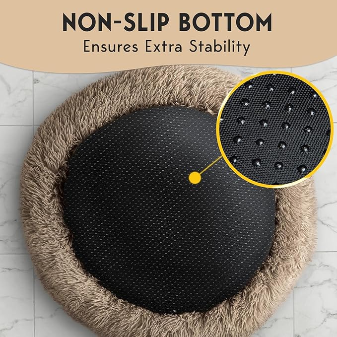PetJett Calming Medium Dog Bed - 30'' Round Dog Beds, Anti-Slip & Washable Super Soft Fluffy Plush Donut Bed, Anti-Anxiety Premium Comfort Pet Bed, Fits Dogs up to 45 lbs - Beige