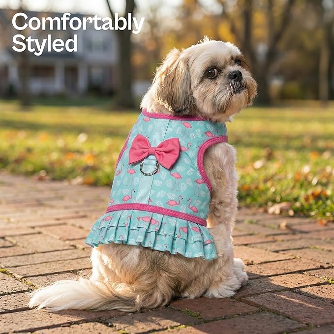 Parisian Pet Flamingo Dog Harness Dress - Breathable No Pull Puppy Dress with Leash Ring - 100% Mesh Fabric Harnesses for Dogs - Soft Padded Step in Pet Vest - All Weather Dog Harness for Large Dogs