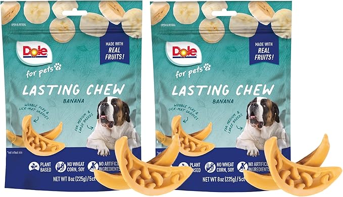 Dole for Pets Freshly Fetched Lasting Chew Banana Flavor Dog Treats, Medium and Large Breeds, No Wheat, Corn, Soy, Artificial Flavors, Colors, or Animal Products, 8 Ounces, 5 Chews - 2 Pack