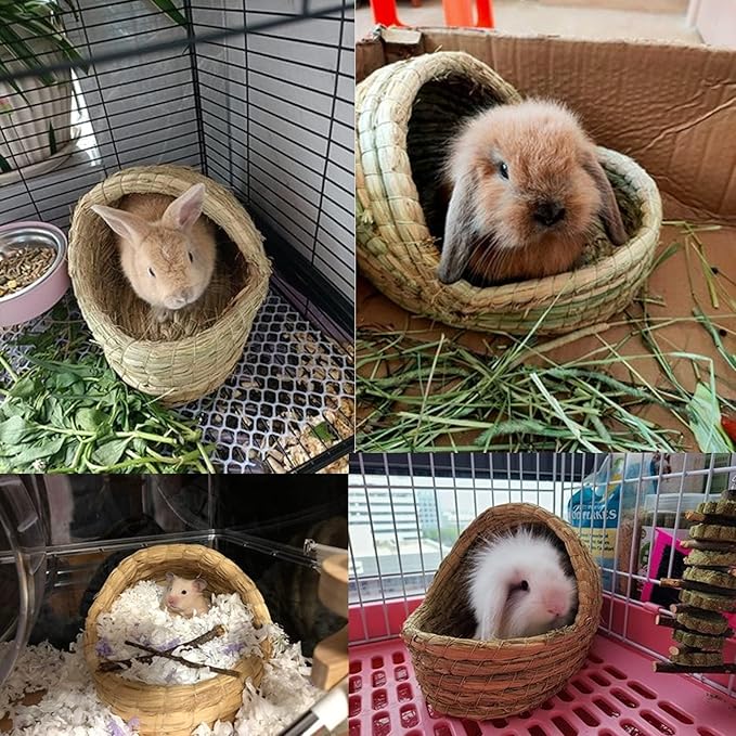 kathson Rabbit Grass House Bunny Woven Hay Bed Guinea Pig Hideout Hand Woven Natural Grass House for Hamster and Small Animals with Hay Chew Balls Toys