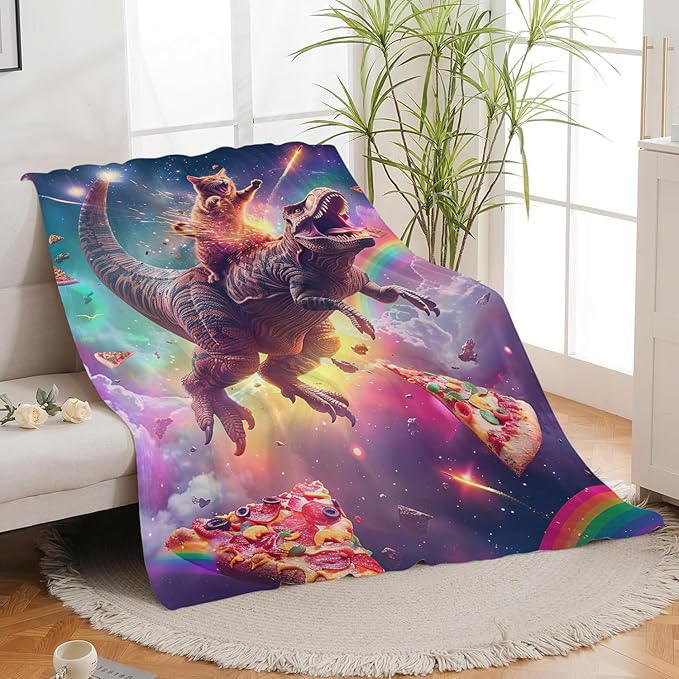 Funny Dinosaur and Cat Blanket Universe Rainbow Pizza Dino Cat Throw Blanket Gifts for Girls Women Kids Adults Super Soft Cozy Plush Fluffy Fuzzy Fleece Blanket Home Decor 50''X60''