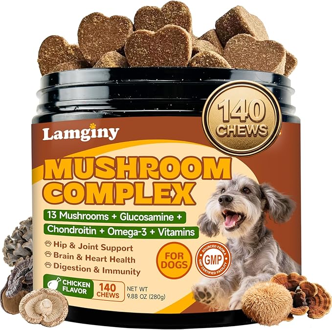 Mushroom Chews for Dogs, Turkey Tail Mushroom for Dogs, Immune Health, Digestive, Skin, Energy, Joint Support, 13 Organic Mushroom Complex with Shiitake, Maitake, Reishi, Lion's Mane, 140 Chews