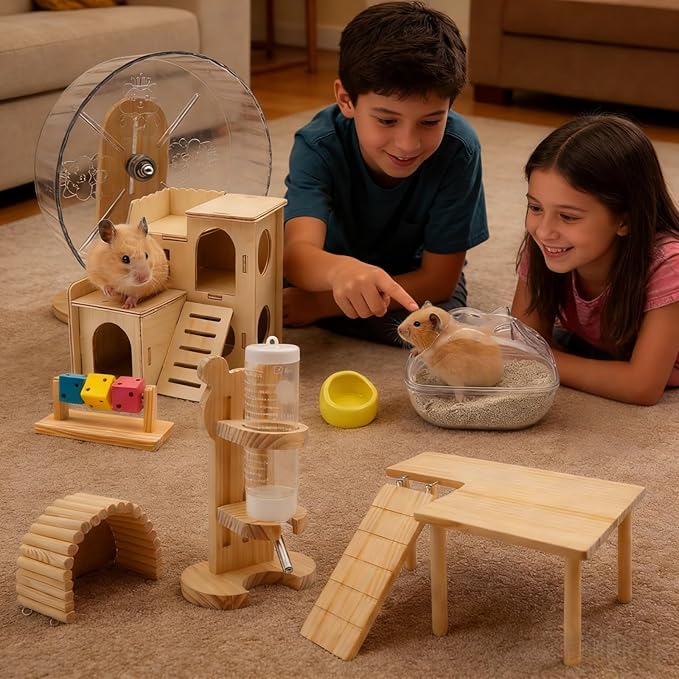 9 Pcs Hamster Cage Accessories, Silent Hamster Wheel, Wooden House and Platform, Wooden Fence, Water Bottle Set, Ceramic Food Bowl, Bath Sand Container, Mini Cleaner for Rat Mice Small Animals Habitat