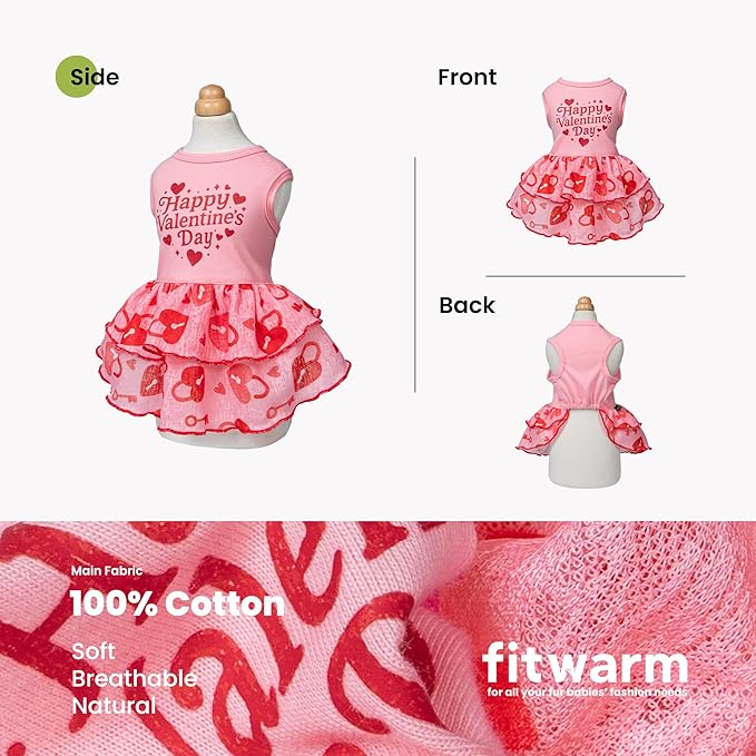 Fitwarm Happy Valentine's Day Dog Dress, Elegant Valentines Outfit for Small Dogs Girl, Festive Pet Clothes, Pink, Red, Large
