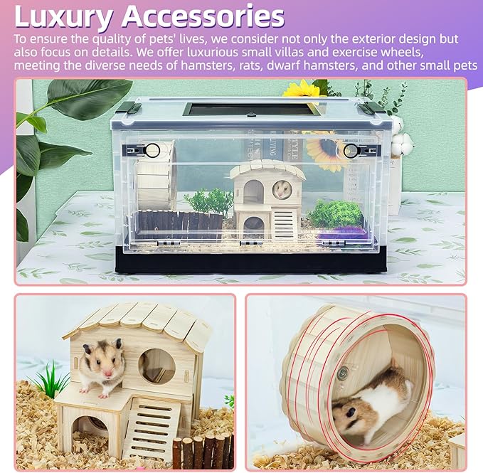 Hamsters Cage Large, Foldable Portable 360° Viewing Ventilated Cages with Villas, Exercise Wheels, for Hamsters, Rats, Dwarf Hamsters, Gerbils, Guinea Pigs Black, 16" L x 12" W x 9.5" H