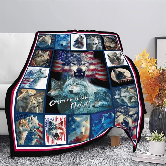Wolf Throw Blanket American Flag Wolf Stuff Gifts for Kids Girls Boys Adults Women Men Soft Cozy Warm Plush Fluffy Fuzzy Fleece Blanket Decor 50''X60''