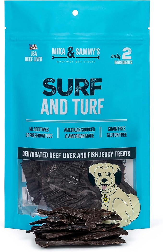 Mika & Sammy's Gourmet Beef Liver & Mackeral Jerky Dog Treats Made in The USA. (Surf & Turf 5 oz)