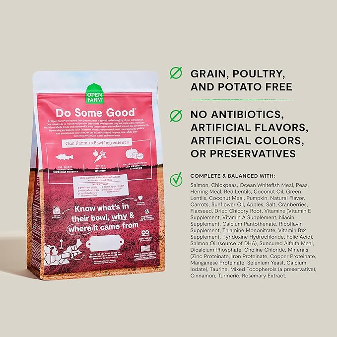 Open Farm, Grain-Free Dry Dog Food, Complete & Balanced Kibble, Sustainably & Ethically Sourced Ingredients, Non-GMO Veggies & Superfoods to Support Overall Health, Wild-Caught Salmon Recipe, 4lb Bag