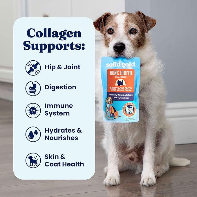 Solid Gold Turkey Bone Broth for Dogs - Limited Ingredient Bone Broth Dog Food Toppers for Picky Eaters with Collagen & Superfoods - Dog Gravy Topper for Dry Food - Gut Health & Hydration - 6 Pack