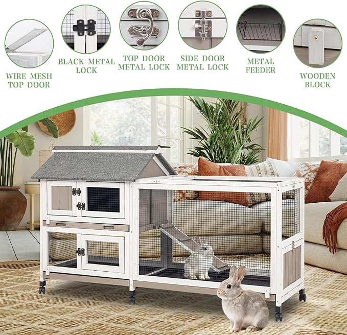 Gowoodhut 2-Story 60.6"L Rabbit Hutch Indoor and Outdoor with 6 Wheels,Wooden Rabbit Cage with 3 Pull Out Leak-Proof Trays for 2-4 Rabbits,Bunny Hutch with Asphalt Roof Bunny Cage with 6 Accesses,Grey