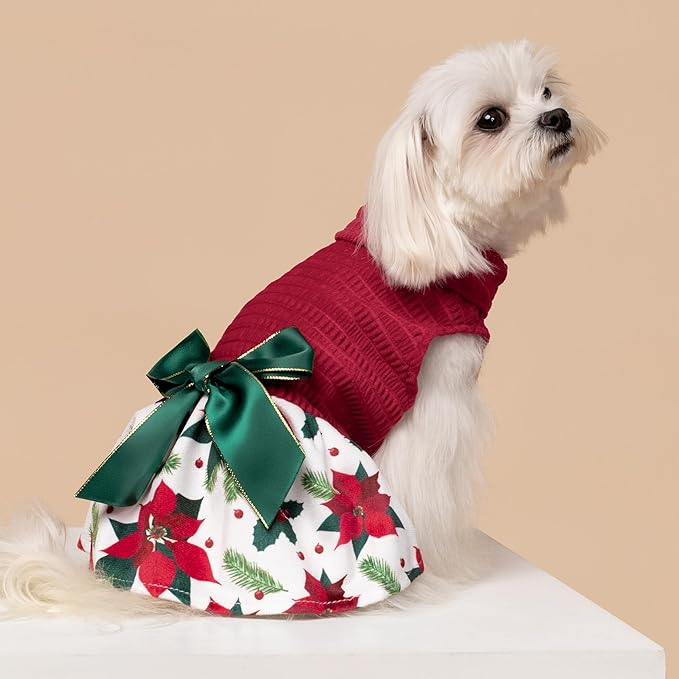 Fitwarm Christmas Poinsettia Flower Dog Turtleneck Dress, Holiday Clothes for Small Dogs Girl, Pet Festive Outfit, Red, White, Medium