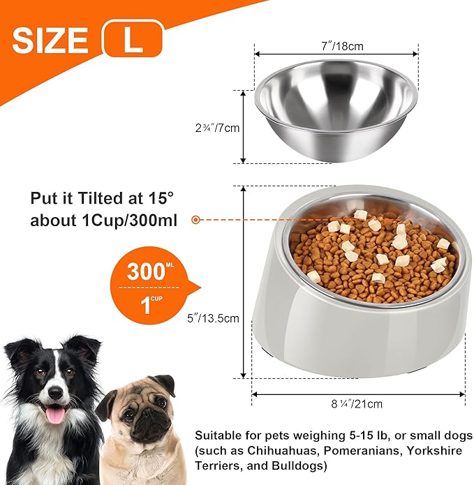 Tilted Dog Bowl Non-Slip & Non-Spill Pet Feeder with Elevated Detachable Melamine Stand, Easy to Get Food Dog Dish, L/300ml White