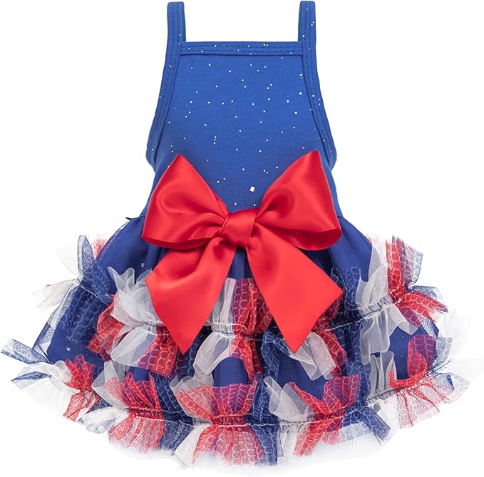 Fitwarm Patriotic Sparkly Tiered Dog Tutu Dress, 4th of July Outfit for Small Dogs Girl, Festive Pet Clothes, Red, White, Blue, XS
