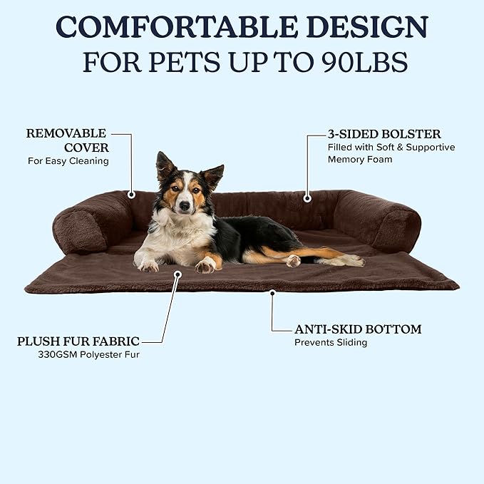 PETMAKER Couch Cover for Dogs Washable - 45x45in Plush Dog Couch Cover Protector for Large Pets - Washable Pet Furniture Protector with Foam Bolster and Non-Slip Bottom - Puppy Essentials (Brown)