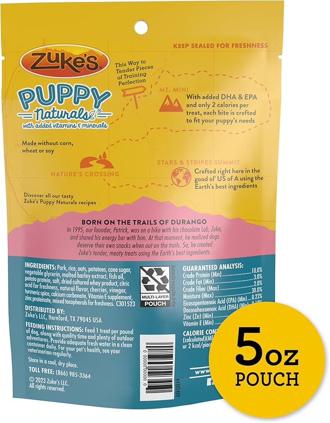 Zuke's Puppy Naturals Dog Training Treats, Pork & Chickpea Recipe, Nutrient-Rich Mini Dog Treats for Training, Grain Free Puppy Treats, 5 OZ Bag (Pack of 1)