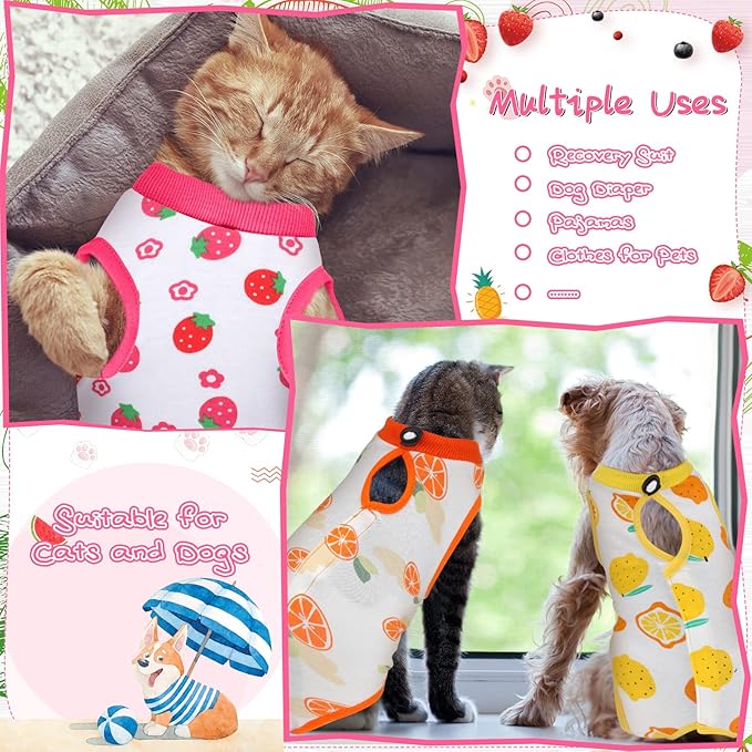 Nuanchu 3 Pieces Cat Recovery Suit Kitten Recovery Suit E-Collar Alternative for Cats and Dogs Abdominal Skin Anti Licking Pajama Clothes Sets(Medium,Fruit Style,Colorful)