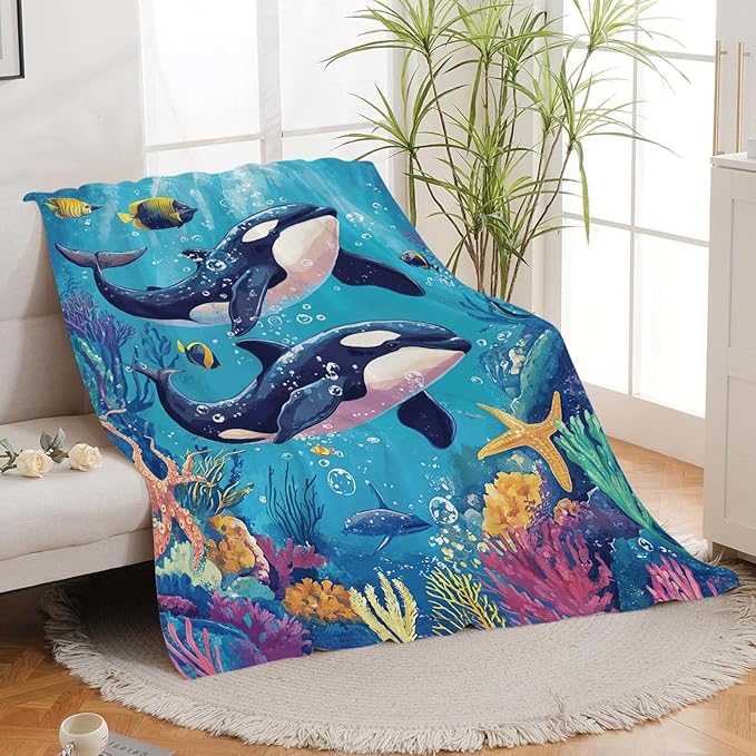 Whale Throw Blanket Ocean Whale Stuff Gifts for Kids Girls Boys Adults Women Man Soft Cozy Warm Plush Fluffy Fuzzy Fleece Blanket Decor 50''X60''