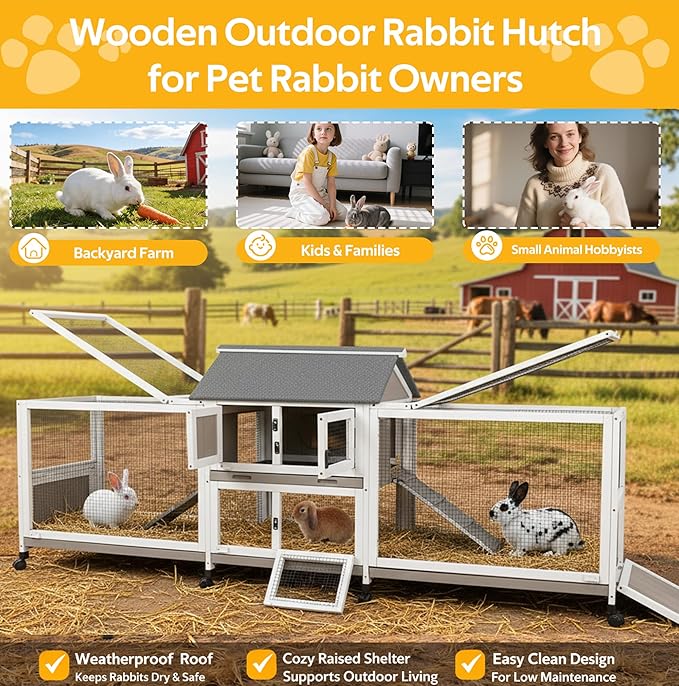 PetsCosset Outdoor Wooden Rabbit Hutch with Double Runs,Waterproof Asphalt Roof Bunny Cage with Raised Floor, Easy-Clean Design Pull Out Tray, Secure & Comfortable Hut for Rabbits