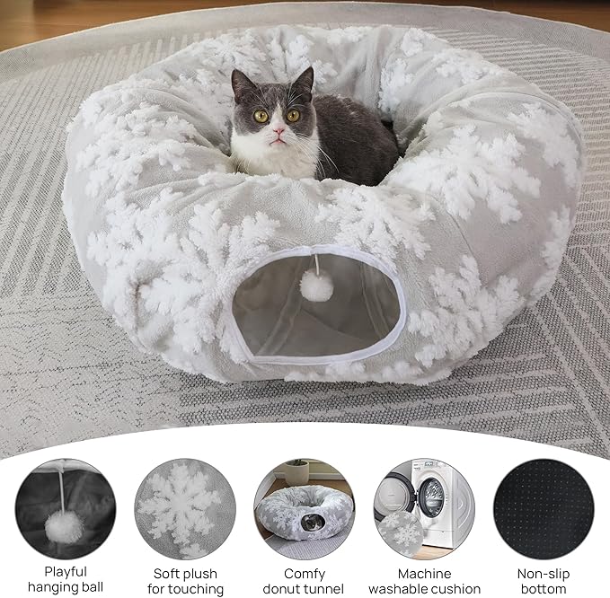Cat Tunnel with Bed – Soft Plush Peekaboo Donut Cave for Indoor Cats | Under Christmas Tree Hideaway & Multifunctional Playground Toy for Kittens, Rabbits, Ferrets (Short-Pile Fabric Snowflake)