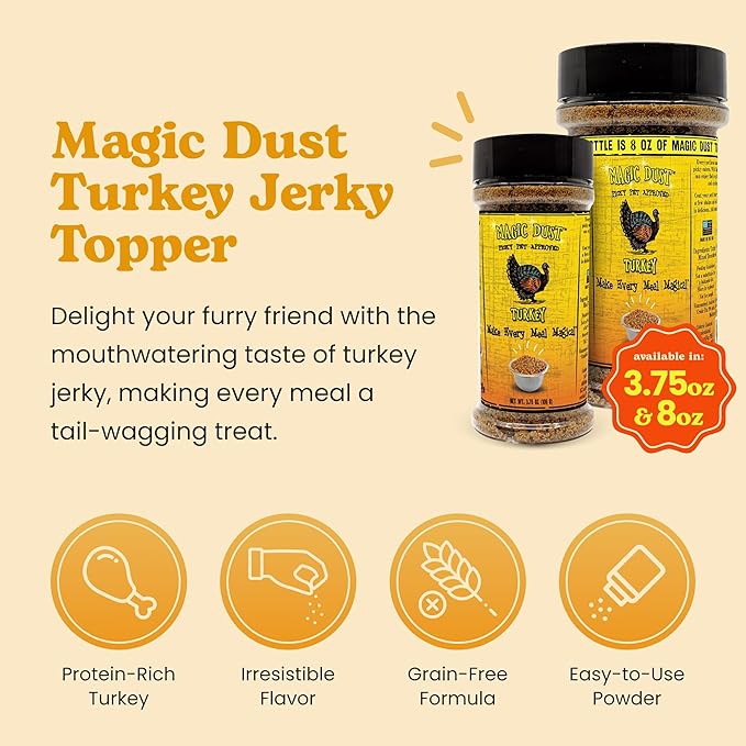 Wild Meadow Farms - Magic Dust Turkey Jerky Topper, Single Protein Pet Food Topper for Dogs and Cats, Enhance Flavor & Elevate Mealtime Excitement for Picky Eaters - 3.5 Ounce Bottle in Turkey Flavor