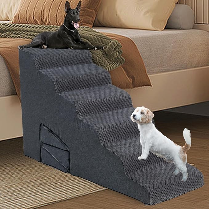 Dog Stairs for High Beds 30-36 inches Tall, 6-Step Dog Steps for Small Dogs Senior Dogs & Cats, 6 Steps Memory Foam Pet Steps with 3 Ramps, Non-Slip Removable Washable Cover, Grey