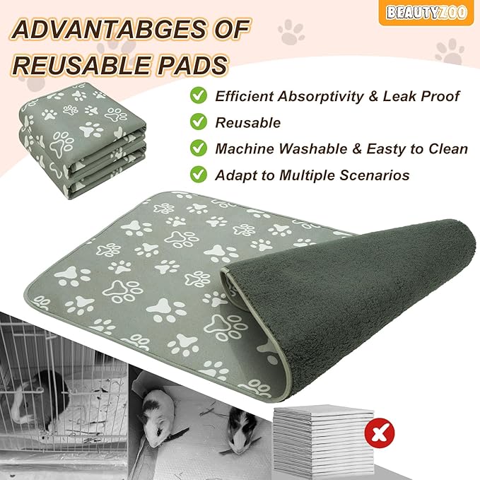 BEAUTYZOO 2 Pack Guinea Pig Cage Liners, Washable Reversible Fleece Guinea Pig Bedding, Waterproof Super Absorbent Pee Pads for Small Animals Rabbit Hamster Bunny - 24"x47" Grey
