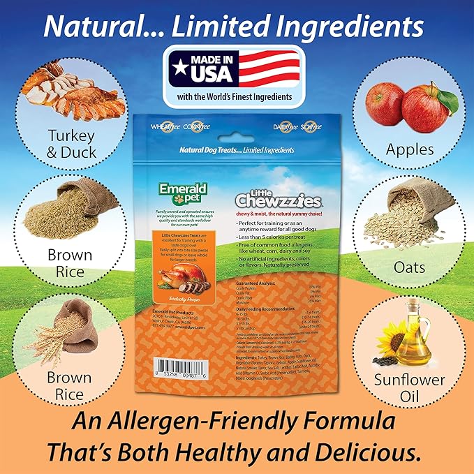 Emerald Pet Little Chewzzies Wheat Free Training Dog Treats — Healthy and Tasty Natural Dog Chews with Real Meat or Peanut Butter — Limited Ingredient Dog Treats Made in The USA — Turducky, 5 oz