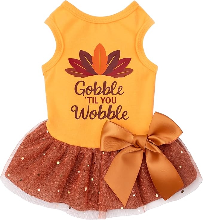Fitwarm Gobble 'til You Wobble Dog Dress, Funny Thanksgiving Outfit for Small Dogs Girl, Festive Pet Clothes, Yellow, Orange, XS