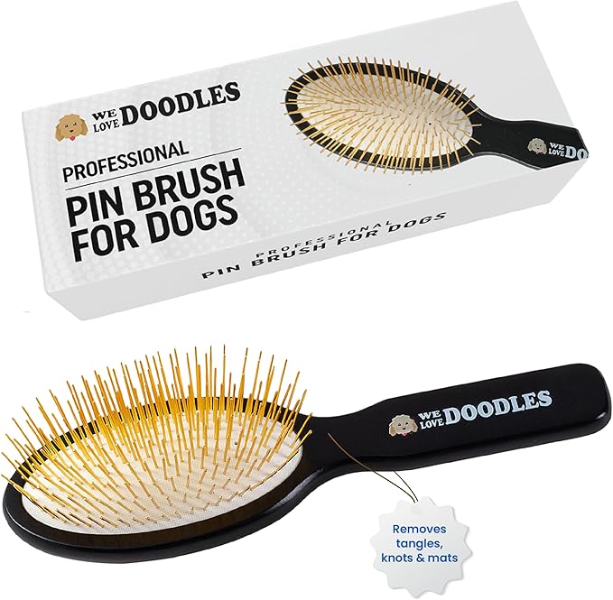 We Love Doodles Pin Brush for Dogs, Pet Grooming Detangler Pin Dog Brush, Dog Brush for Shedding and Removing Loose Fur, Lightweight Beech Wood with Gold Plated Pins for Long Hair Pets