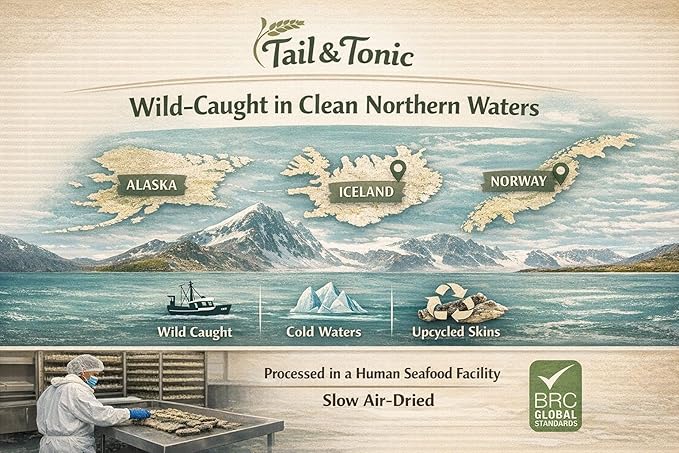 TAIL & TONIC Salmon Skin Dog Treats - Single Ingredient, Air-Dried Chewy Fish Skins, High Protein, Omega-3 Rich Dental Chews (Salmon Skin Twist)