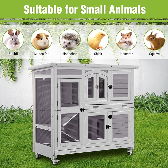 Rabbit Hutch Indoor & Outdoor, Mobile Bunny Hutch with Wheels, 47’’ Wooden Rabbit Cage with 2 Pull Out Trays and Ramp, Two-Story Design Guinea Pig Cages