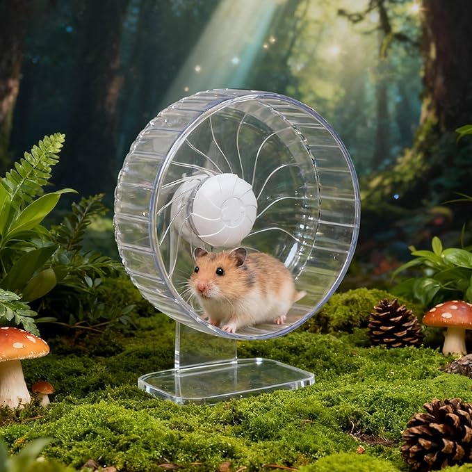 Silent Hamster Wheel, 10in Hamster Wheel with Adjustable Stand, Double-Bearing Quiet Spinner for Syrian Hamsters, Hedgehogs, Mice & Small Pets, Clear