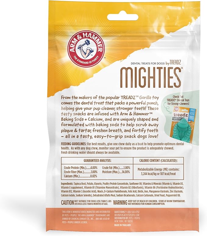 Arm & Hammer for Pets Mighties by TREADZ Dental Treats for Dogs with Baking Soda and Calcium, Help Fight Bad Breath, Plaque & Tartar without Brushing, Mint, Gorilla Shaped, 6 Pcs (Packaging may vary)