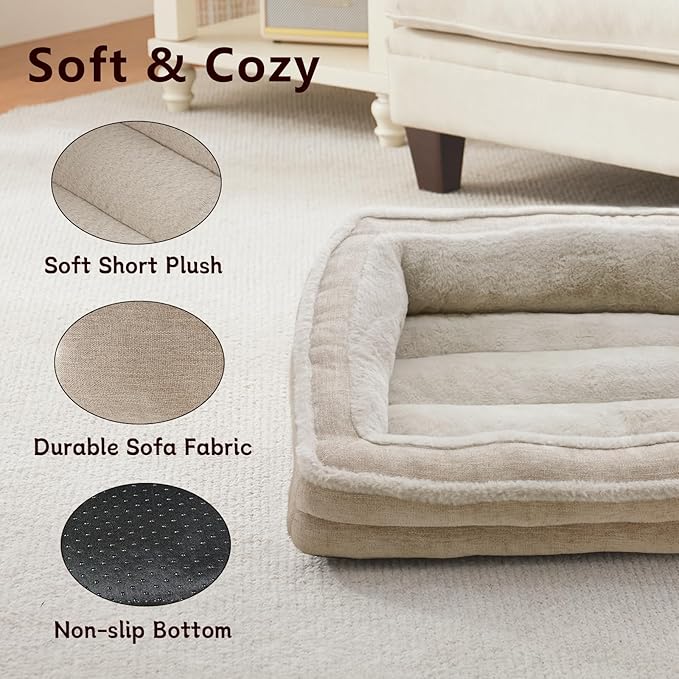 Cat Couch for Pets, Washable Cat Beds for Indoor Cats, Super Soft Plush Supportive Dog Couch Bed for Puppy and Kitten with Anti-Slip Bottom, 26inch, Beige