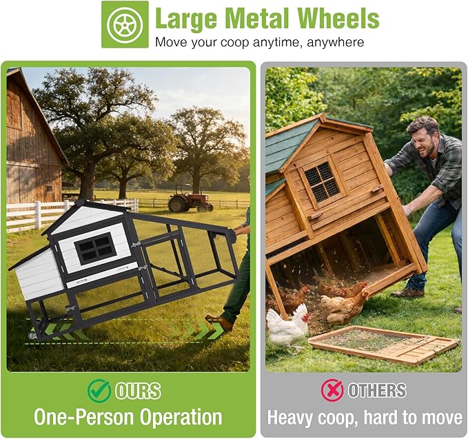 GUTINNEEN Chicken Coop with Wheels, Expandable Hen House Poultry Cage with Run, UV-Protected Roof, Divided Nesting Boxes, Easy One-Person Move, Ideal for 2 Adult Chickens or 4 Bantams, 72.3" L, White