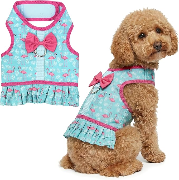 Parisian Pet Flamingo Dog Harness Dress - Breathable No Pull Puppy Dress with Leash Ring - 100% Mesh Fabric Harnesses for Dogs - Soft Padded Step in Pet Vest - All Weather Dog Harness for Large Dogs