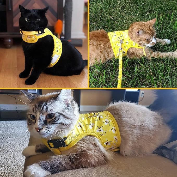 Cat Harness with Leash and Collar for Walking - Escape Proof with 59 Inches Leash - Adjustable Soft Vest Harnesses for Medium Large Cats Bee